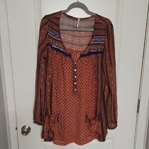 Free People Geometric Long Sleeve Blouse - Orange and Blue